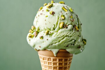 A side angle of a pistachio ice cream scoop in a sugar cone, adorned with chopped pistachios and a white chocolate drizzle, against a muted green backdrop.