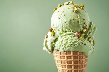 A side angle of a pistachio ice cream scoop in a sugar cone, adorned with chopped pistachios and a white chocolate drizzle, against a muted green backdrop.
