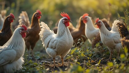Fototapeta premium Flock of Chickens Gathering on Farm Land in Natural Sunlight