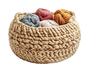 Obraz premium Cozy crochet basket filled with colorful yarn for crafting and home decor ideas during winter evenings, cut out