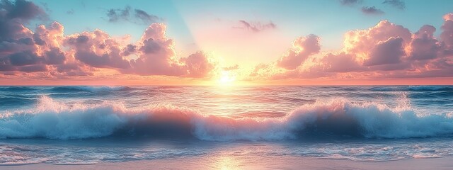 Fototapeta premium Peaceful beach with soft ocean wave, peaceful beach scenery under cloudy sky, ideal peaceful beach background for relaxing or travel visuals