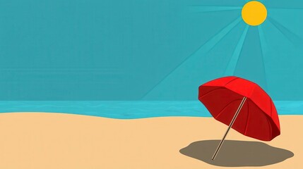 Red Umbrella on Sandy Beach Under Bright Summer Sun
