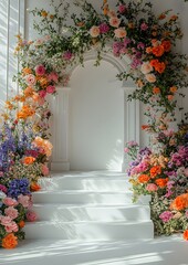Naklejka premium White stairs and archway decorated with colorful blooming flowers
