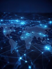 Fototapeta premium Abstract digital world map with global network connections and data transfer, technology background concept. Blue glowing lines on a dark blue background.
