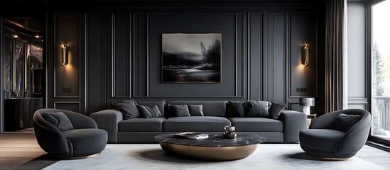 Modern Art Deco Living Room with Charcoal Gray Sofa and Matte Black Paneling.