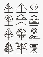 Simple, line-drawn nature icons featuring trees, rivers, and clouds, perfect for eco-friendly designs