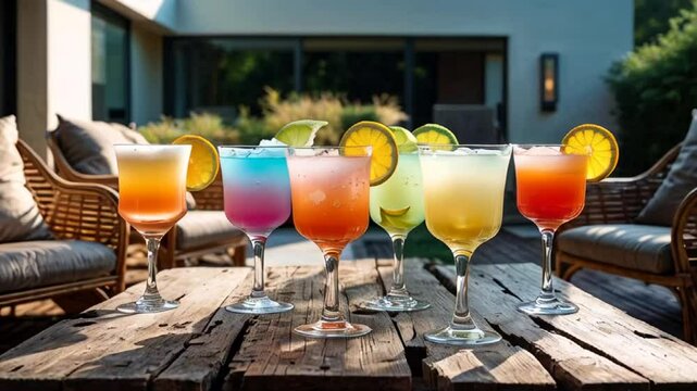 different cocktails in glasses on the table, comfortable rattan chairs, seating area against the backdrop of the house


