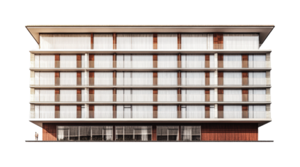 Modern architectural design showcasing a five-story building with large windows and balconies in an urban setting for commercial use, cut out