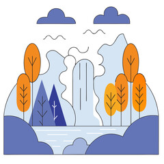 Autumn Waterfall Landscape: Orange Trees, Blue Mountains.