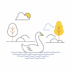 Minimalist Swan Lake Autumn Scene: Elegant Line Art Graphic.