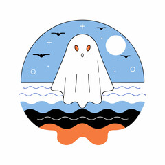 Friendly Halloween Ghost Illustration: Cute Spooky Sea Ghost - Night Scene.