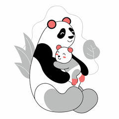 Tender Panda Embrace: Cute Mom & Baby Panda Illustration - Minimalist Design.