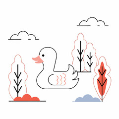 Cute Cartoon Duck Minimalist Line Art Illustration - Children's Book Graphic.