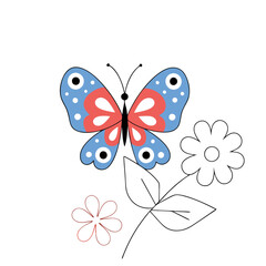 Cute Butterfly Illustration: Blue, Red.