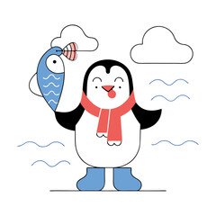 Cute Penguin with Fish: Cartoon Winter Illustration - Children's Book Graphic.