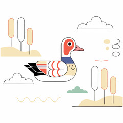 Red-Crested Duck Minimalist Illustration - Aquatic Bird, Geometric Style.