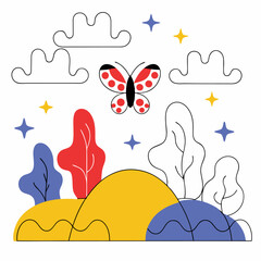 Polka Dot Butterfly Spring Landscape Illustration - Vibrant Colors.