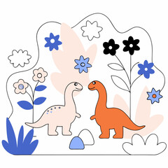 Cute Dinosaurs Floral Illustration - Pastel Colors, Minimalist Line Art.
