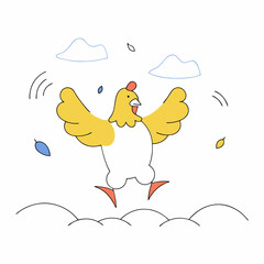 Happy Jumping Chicken Illustration - Cute Farm Animal Cartoon - Yellow & White.