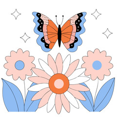 Pastel Butterfly & Flowers Illustration - Spring Floral Design - Cute.