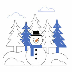 Cheerful Snowman Winter Scene: Minimalist Line Art Illustration.