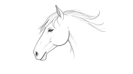 Horse Head Sketch Artwork Profile with Flowing Mane on White