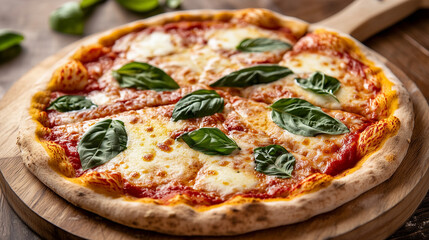 Freshly Baked Margherita Pizza with Mozzarella and Basil on Wooden Pizza Peel