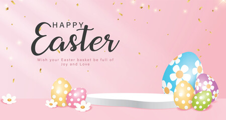 3d Easter Sale banner with beautiful painted eggs set on grass. Concept of Easter egg hunt or egg decorating art.