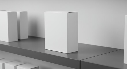 Blank White Boxes on Gray Shelves: Product Packaging Mockup