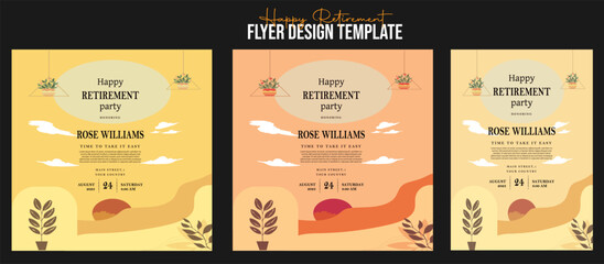 Set of retirement party invitation, square banner, instagram story and a4 poster, vector illustration Retirement Flyer Design Template. Retirement Party Invitation Layout, square banner, and a4 poster