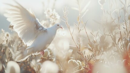 Fototapeta premium White dove flying over a tranquil battlefield with scattered olive branches, symbolizing peace and the resolution of conflict, representing harmony and hope after war.