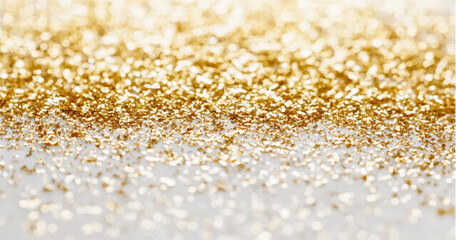 abstract background with white and gold particle. Christmas Golden light shine particles bokeh on white background. Gold foil texture. Holiday concept.