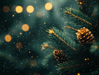 Christmas Pine Cone Holiday Season Festive Evergreen Branch and Light Snow Background Celebration Decoration