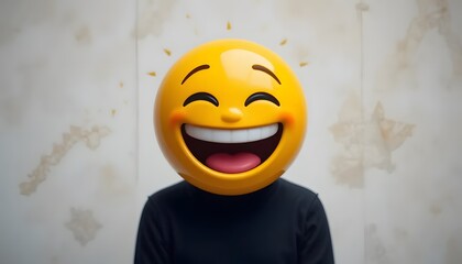 Person Wearing Happy Emoji Head Costume Against Distressed Wall Backdrop