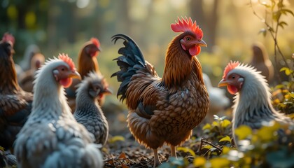 Fototapeta premium Rooster and Hens Foraging Freely in Natural Light on a Farm
