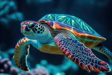 Fototapeta premium Sea Turtle Swimming Gracefully with Sunlight Rays Underwater. Underwater Turtle with Sun Beams Shining Through the Ocean. Beautiful Sea Turtle in a Tropical Ocean with Sunlight Reflections. Wildlife