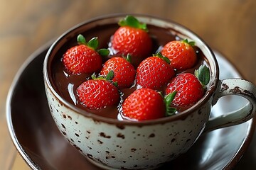 Berries float in chocolate in kitchen setting