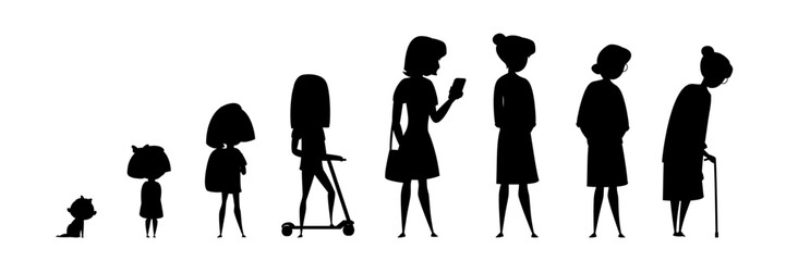 Woman life cycle. Black silhouettes of female characters in various life stages. Infancy, childhood, maturity and senility. Baby, teenager, adult and senior. Flat vector illustrations set.