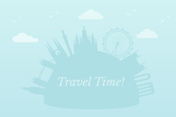 Fototapeta premium Travel background with famous landmarks silhouette, clouds, birds and text Travel Time in elegant script. Minimalistic vacation banner. Flat vector illustration in 90s style.