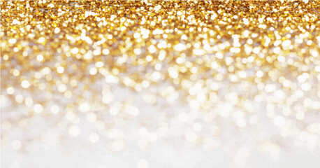 abstract background with white and gold particle. Christmas Golden light shine particles bokeh on white background. Gold foil texture. Holiday concept.