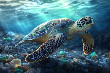 Obraz premium Sea Turtle Swimming Among Plastic Waste – Ocean Pollution. Marine Life Struggling with Plastic Pollution Underwater. Turtle Surrounded by Plastic Trash in a Polluted Ocean