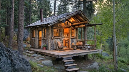 Obraz premium A rustic tiny cabin in the woods, built from reclaimed materials, offering a cozy retreat from modern life.