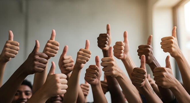 Hands showing thumbs up. Closeup of corporate professionals hand gesturing in the positive or affirmative.

