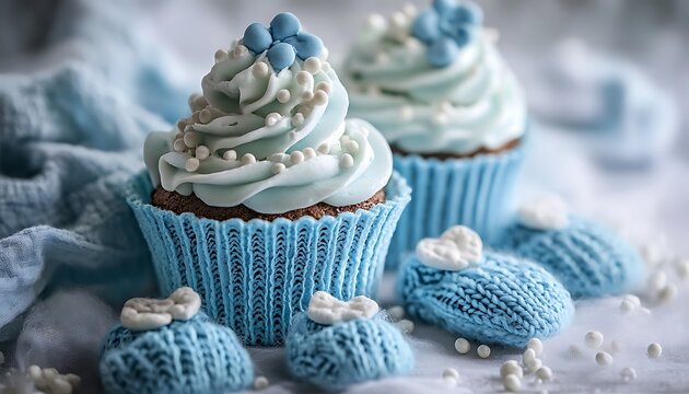 Cupcakes with blue frosting and winter decor
