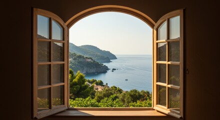 Open arched wooden window offering a panoramic view of a stunning Mediterranean coastline