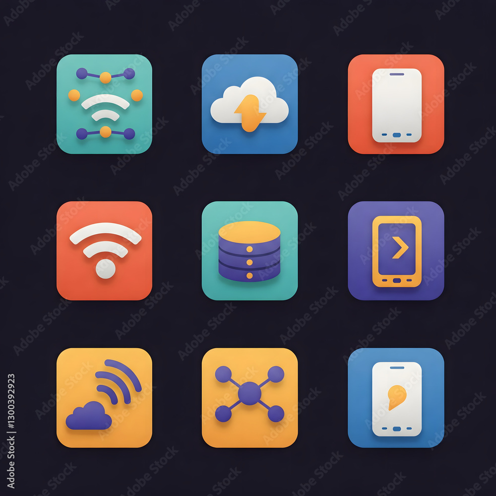 Poster set of cloud computing and wireless network icons in various styles, representing data storage, inte