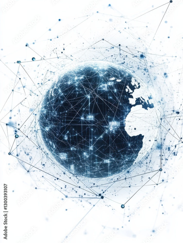 Poster a stylized digital globe with network lines on a white background with abstract square patterns repr