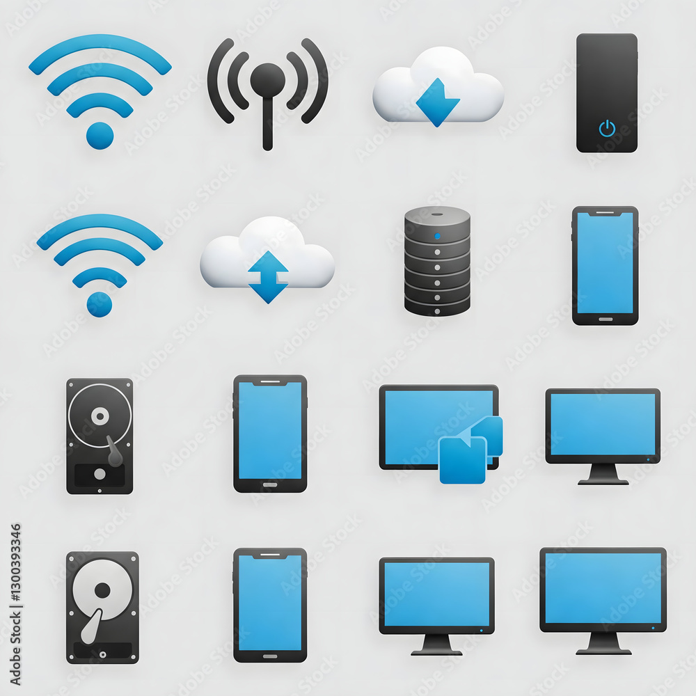 Poster Set of cloud computing and wireless network icons in various styles, representing data storage, internet connectivity, and digital communication for technology applications.