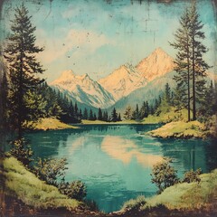 Serene Mountain Lake Landscape: Majestic mountain range meets tranquil lake, framed by lush green trees, inviting serenity and natural beauty.