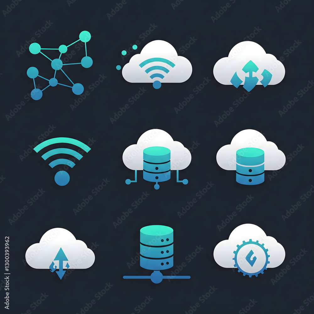 Poster set of cloud computing and wireless network icons in various styles, representing data storage, inte